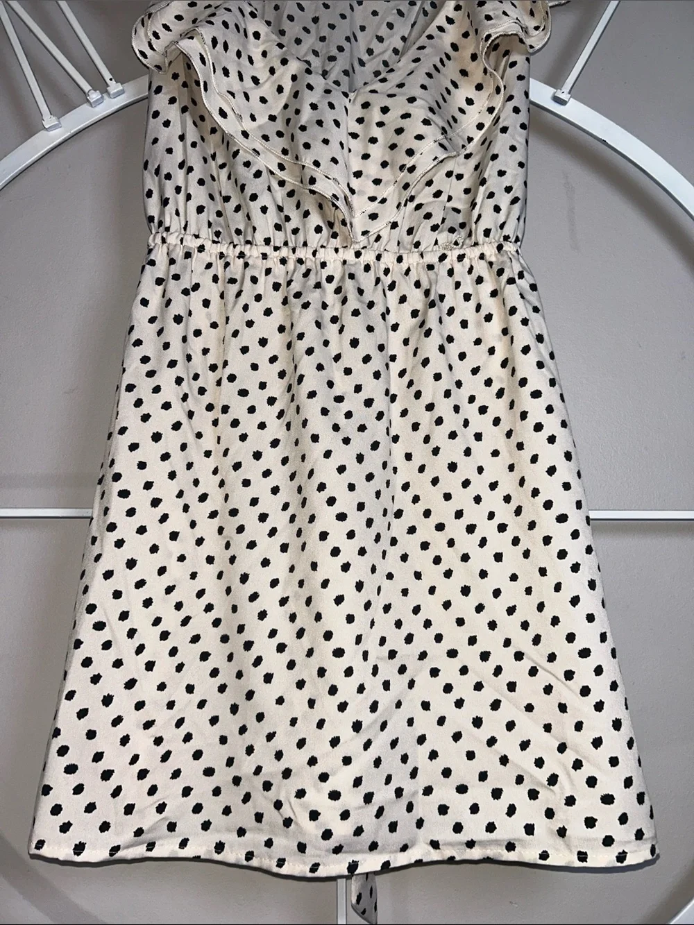 Motherhood Maternity Cream Dress with Black Polka Dots and Ruffle V-Neck - Picture 4 of 9